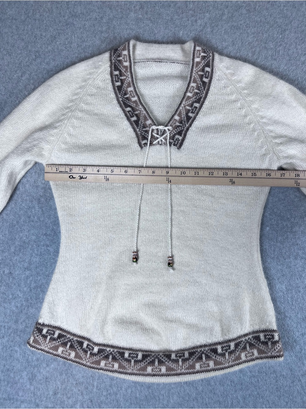 Peruvian Alpaca Knit Sweater Women's Ivory Cream with Geometric Patterned Trim - Picture 8 of 14